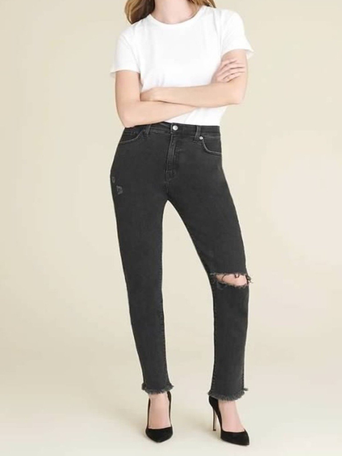 NWT Veronica Beard Benzi Distressed Mid-Rise Girlfriend Jean with Raw Hem in Salt & Pepper Size 27